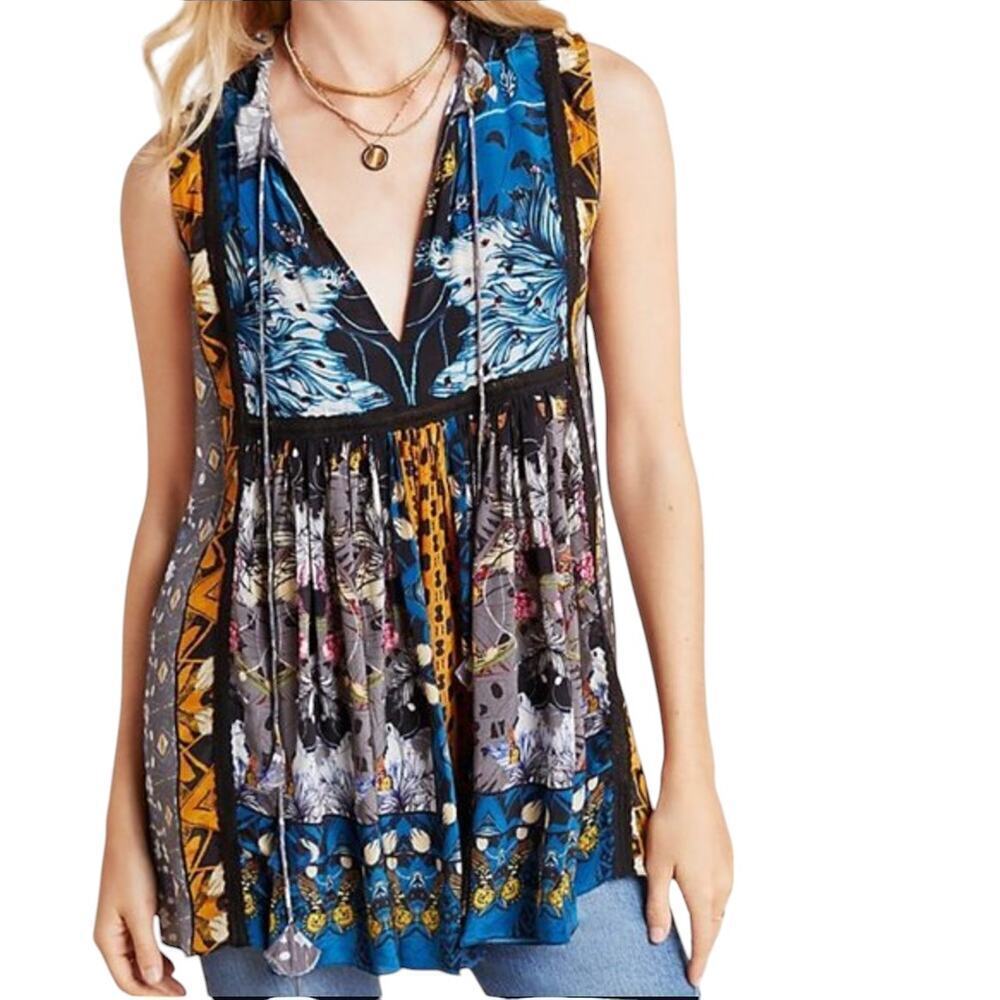 Anthropologie Bhanuni by Jyoti Blue Larkin Sleeveless V Neck Top